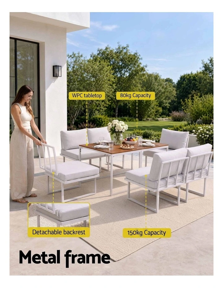 Gardeon 6 Seater Outdoor Dining Sofa Set Steel Frame Cushions White image 4