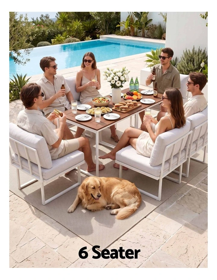 Gardeon 6 Seater Outdoor Dining Sofa Set Steel Frame Cushions White image 5