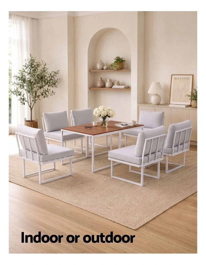 Gardeon 6 Seater Outdoor Dining Sofa Set Steel Frame Cushions White image 6