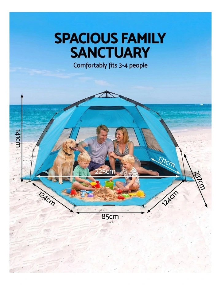 Weisshorn Beach Tent 3-4 Person Pop Up Sun Shade UPF 50 Automatic Outdoor Blue image 2
