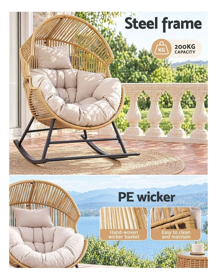 Gardeon Outdoor Egg Rocking Chair Rattan Lounger with Thick Cushion Patio Furniture Natural image 4