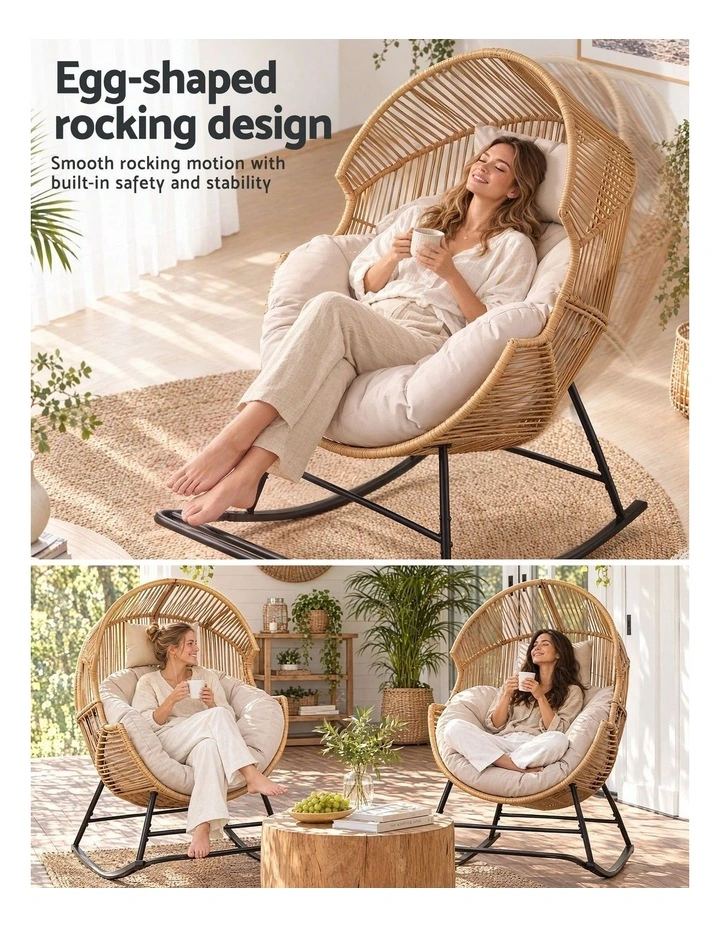 Gardeon Outdoor Egg Rocking Chair Rattan Lounger with Thick Cushion Patio Furniture Natural image 6