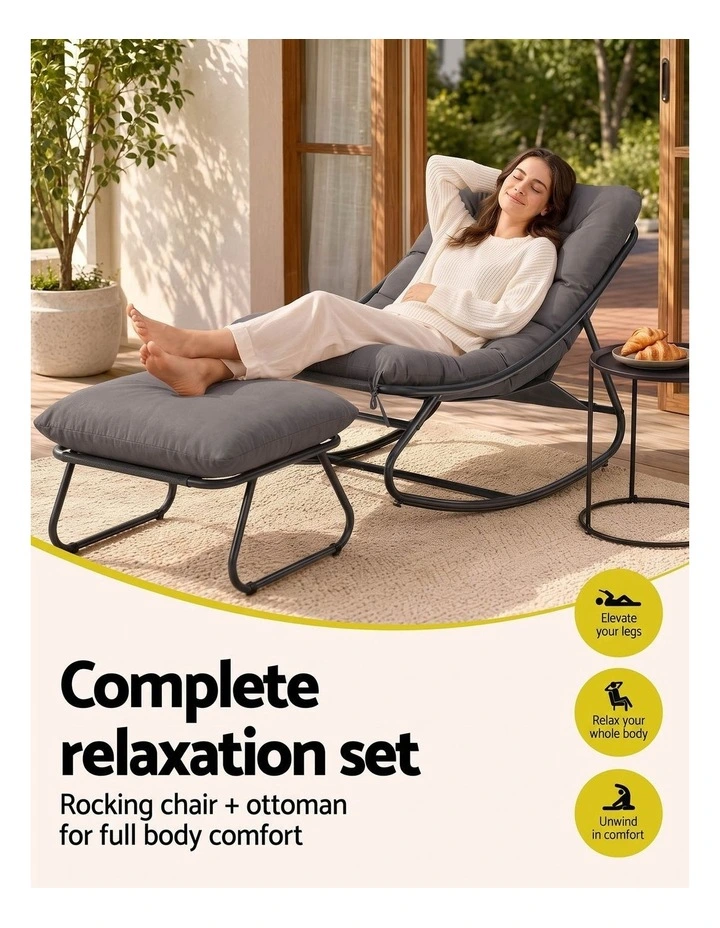 Gardeon Rocking Chair with Footrest Mesh Seat Cushion Outdoor Chairs Grey image 4