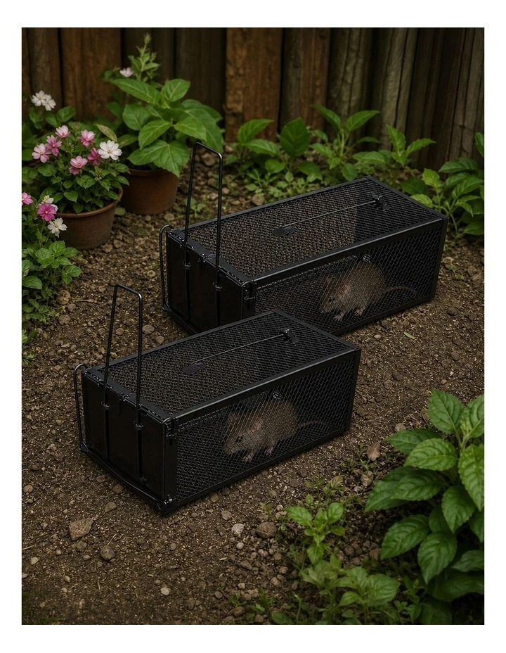 Toque Mouse Trap Humane Live Catch Rat Cage Reusable Zinc Iron Garage Black 2pc image 6