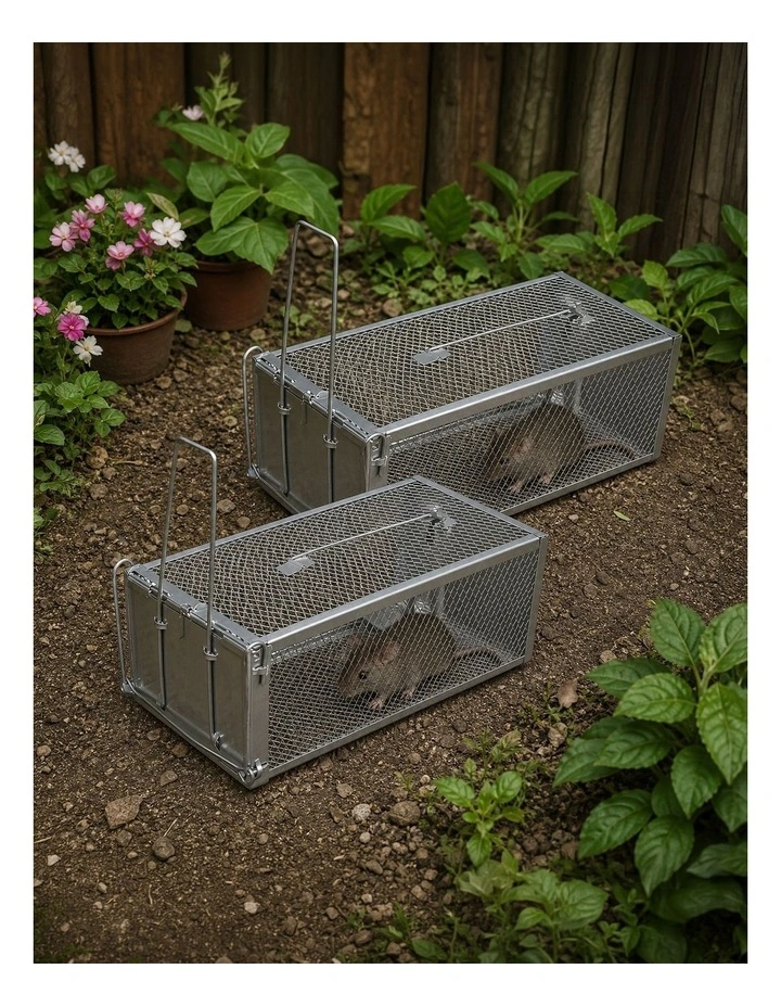 Toque Mouse Trap Humane Live Catch Rat Cage Reusable Zinc Iron Garage Silver 2pc image 6
