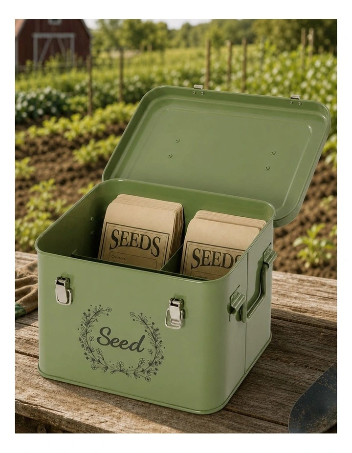 TOQUE Seed Storage Box Seed Organiser with 3 Compartments Metal Dark Green image 4
