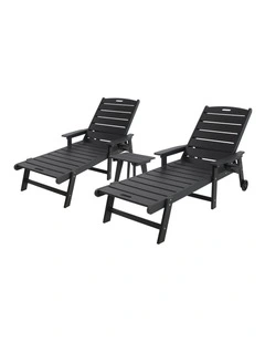 Livsip 3PCS Sun Lounge Set HDPE Lounger Beach Chair Patio Outdoor Furniture Black