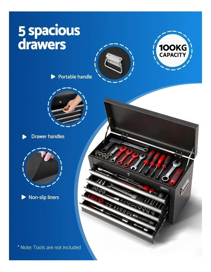GIANTZ 5 Drawer Tool Chest Box Cabinet Lockable Garage Storage Organiser Black image 6
