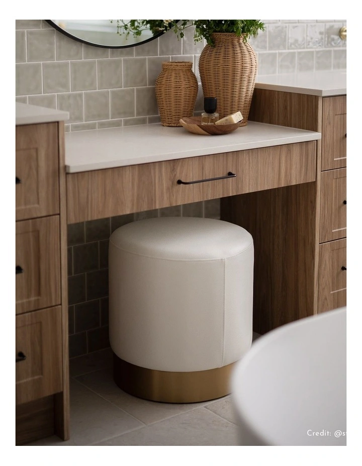 Milan Round Ottoman - White Fox Recycled Leather - Brushed Gold Base - Small image 2
