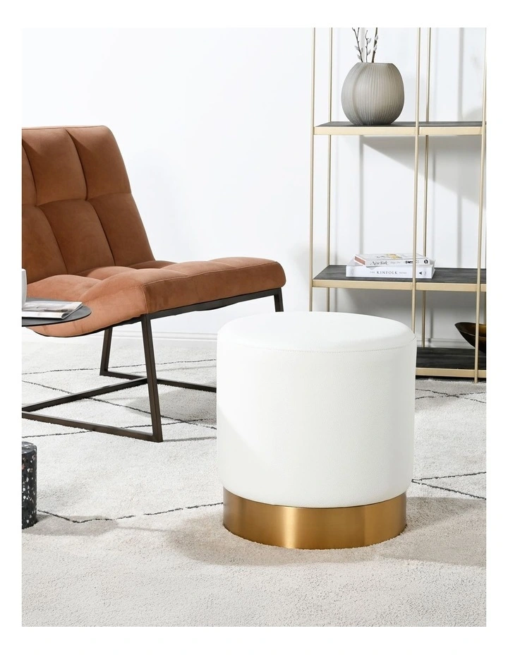Milan Round Ottoman - White Fox Recycled Leather - Brushed Gold Base - Small image 3