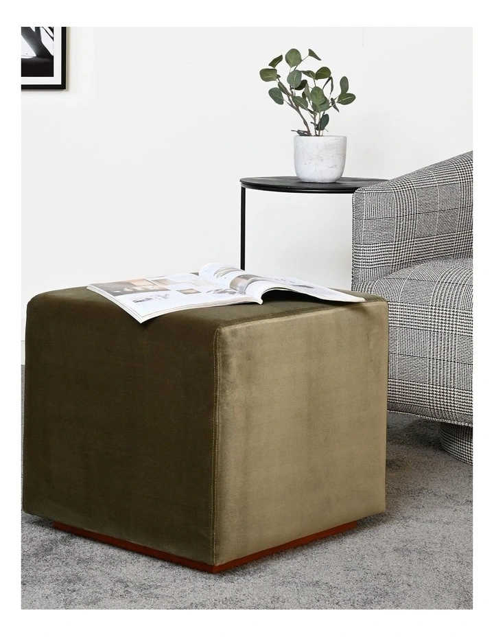 Milton Ottoman Dark Olive Velvet - Wood Base image 2