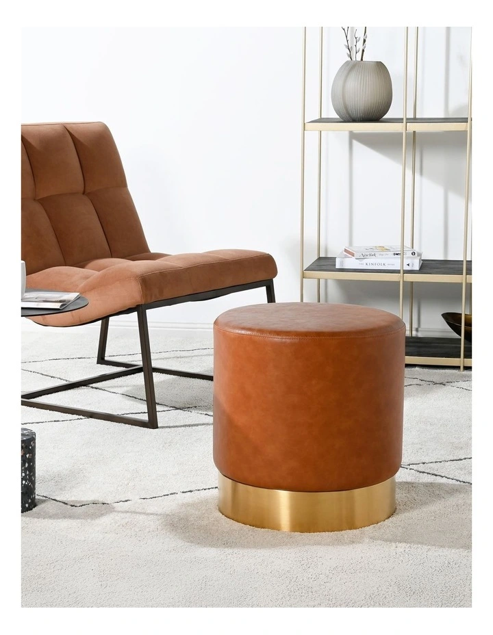 Milan Ottoman - Cognac Recycled Leather - Brushed Gold Base - Small image 2