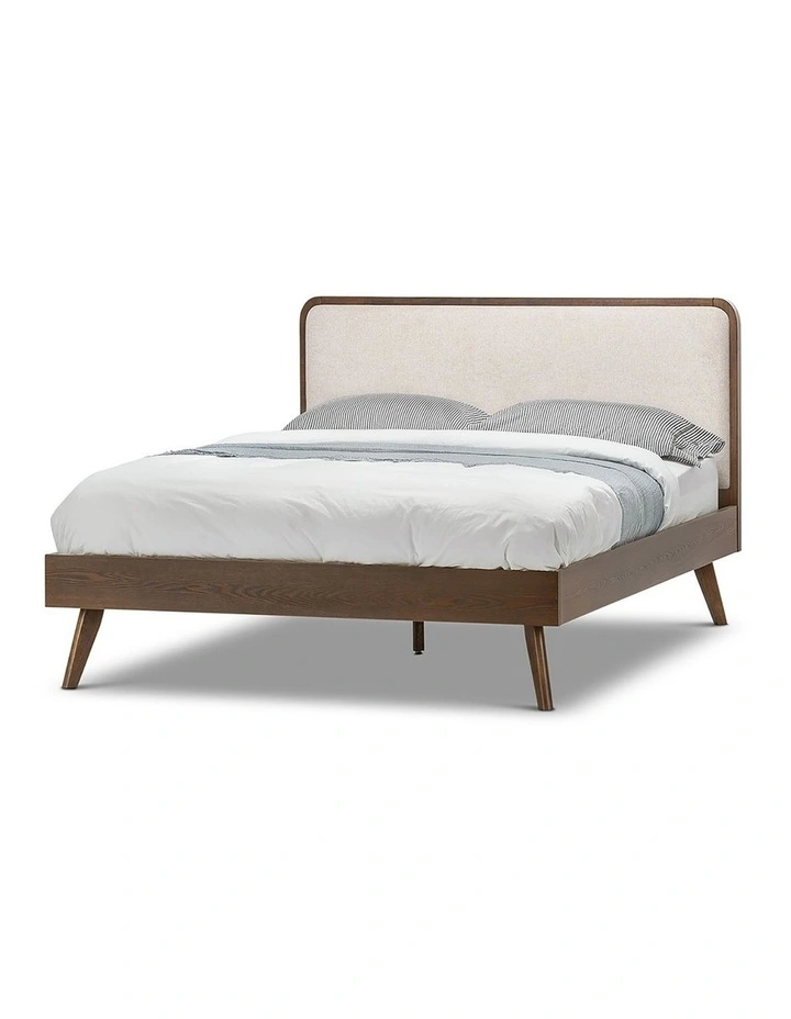 Stella Queen Bed In Light Beige Upholstery & Walnut image 1