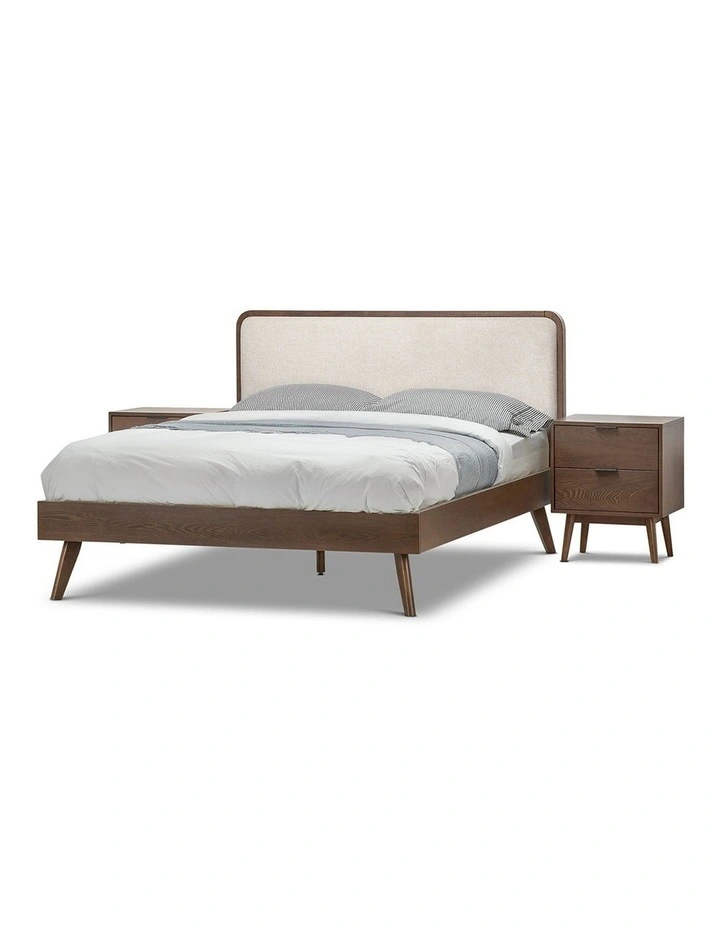 Stella Queen Bed In Light Beige Upholstery & Walnut image 2