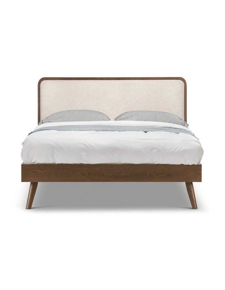 Stella Queen Bed In Light Beige Upholstery & Walnut image 3