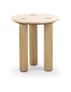 Ayra Round Travertine Side Table 45cm In Cream & Natural Oak