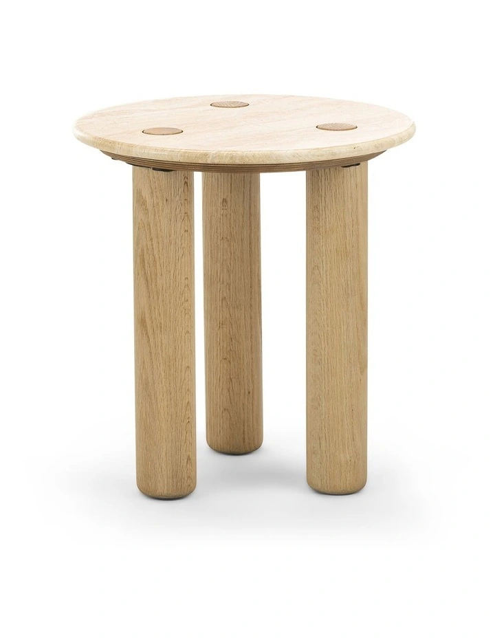 Ayra Round Travertine Side Table 45cm In Cream & Natural Oak image 1