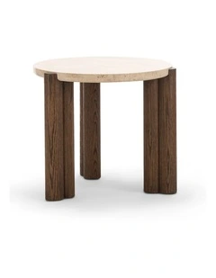 Amaya Round Travertine Side Table 55cm In Cream & Brown Oak