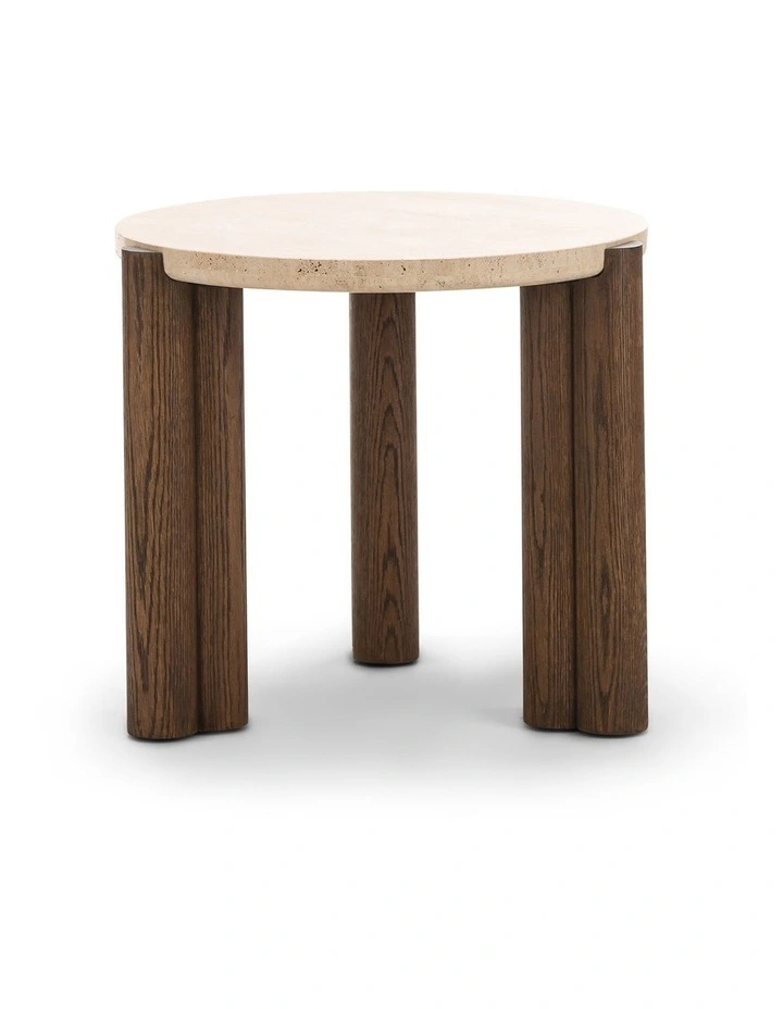 Amaya Round Travertine Side Table 55cm In Cream & Brown Oak image 2