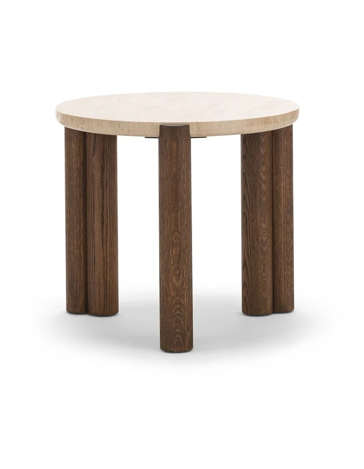 Amaya Round Travertine Side Table 55cm In Cream & Brown Oak image 3