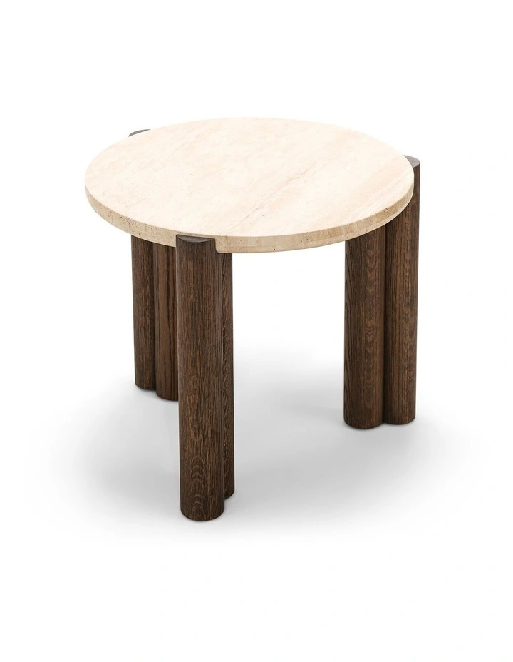 Amaya Round Travertine Side Table 55cm In Cream & Brown Oak image 4