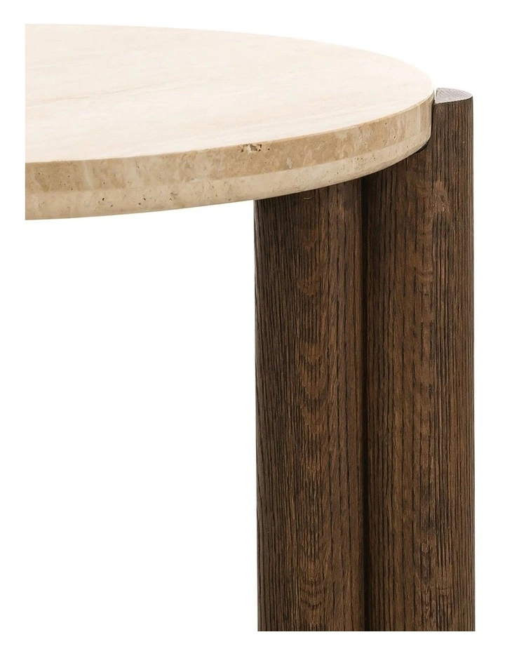 Amaya Round Travertine Side Table 55cm In Cream & Brown Oak image 6