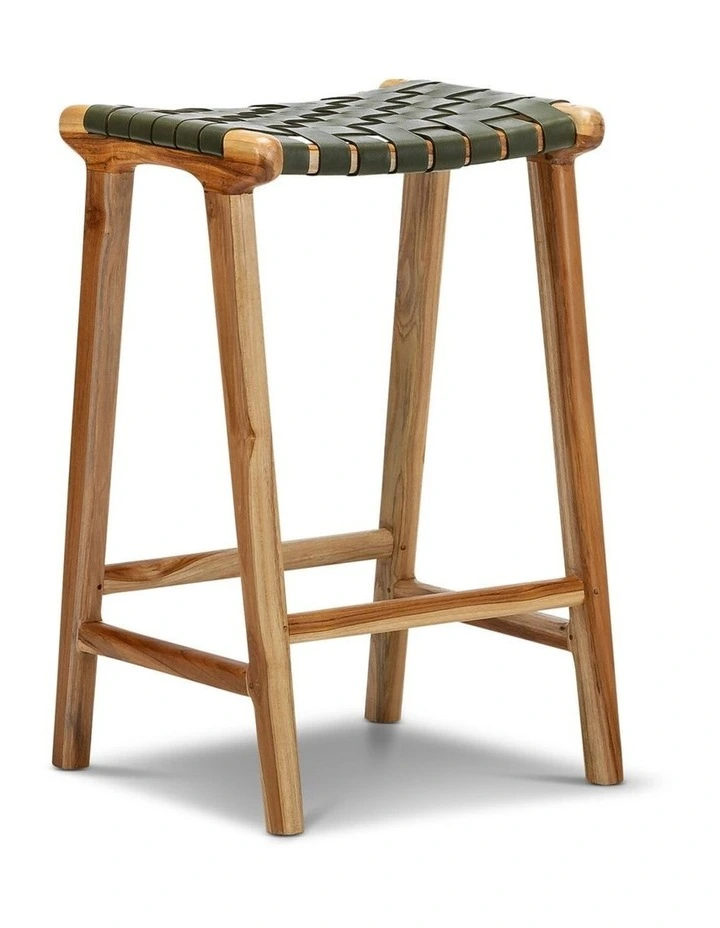 Lazie Leather Strapping Bar Stool 66cm In Teak & Olive Green image 1