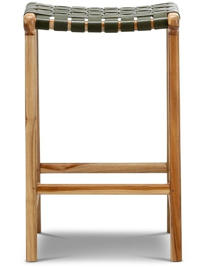 Lazie Leather Strapping Bar Stool 66cm In Teak & Olive Green image 2