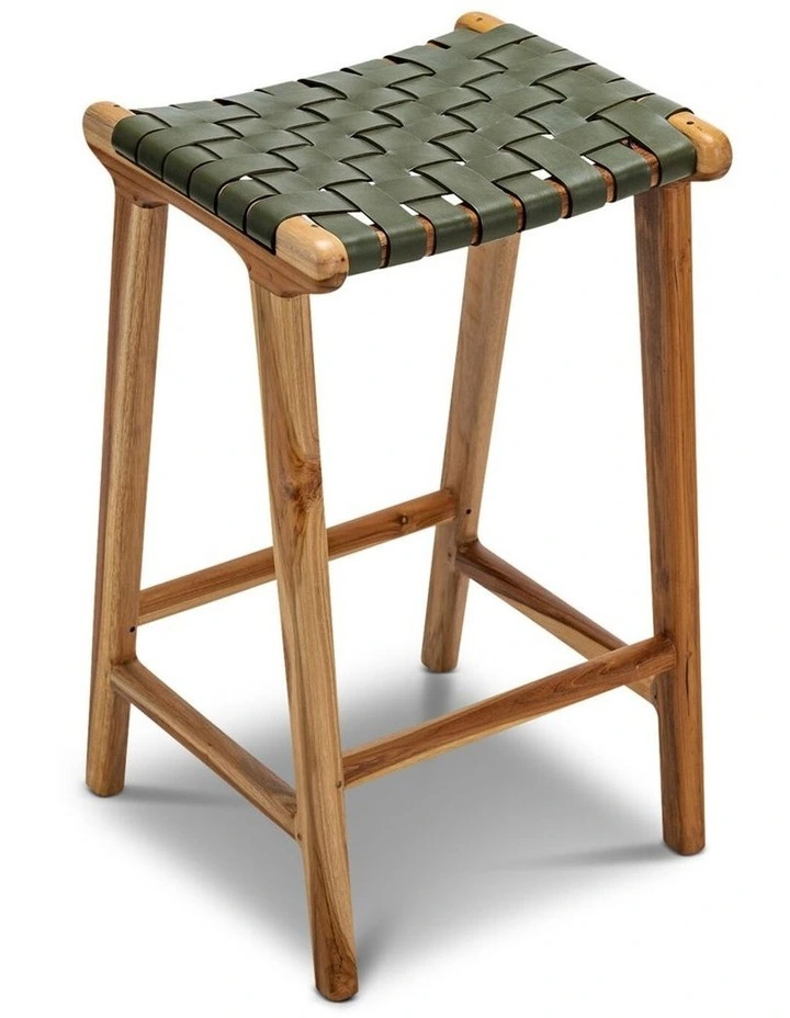 Lazie Leather Strapping Bar Stool 66cm In Teak & Olive Green image 3