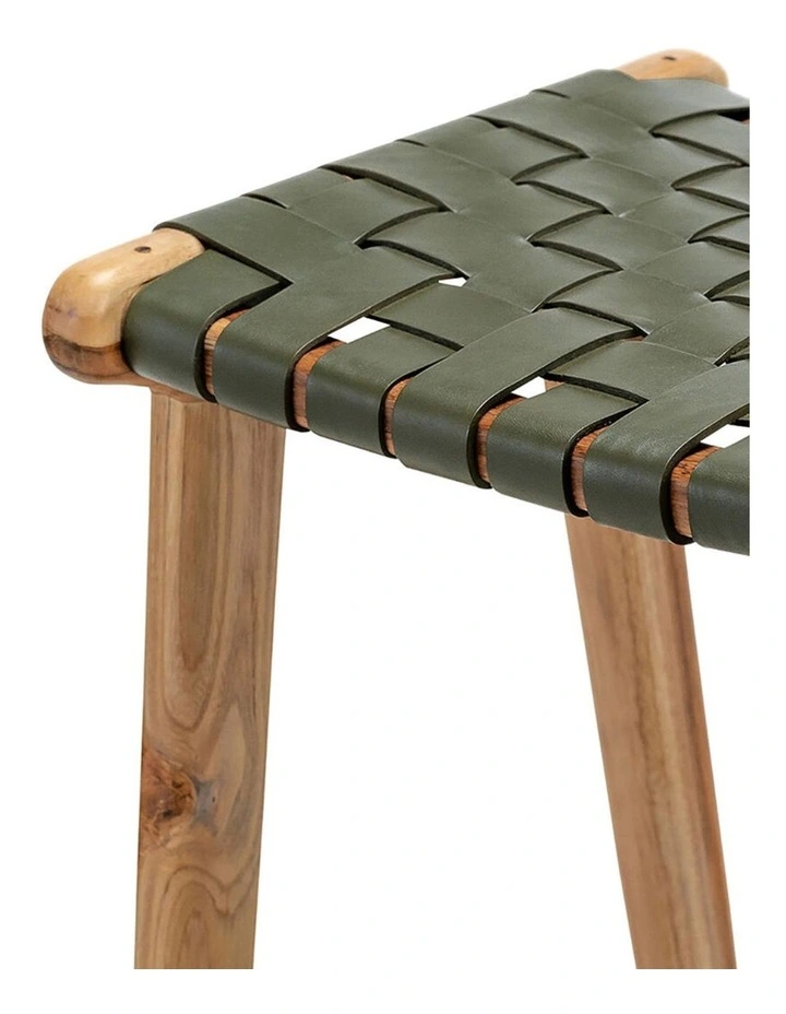 Lazie Leather Strapping Bar Stool 66cm In Teak & Olive Green image 4