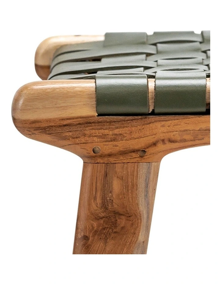 Lazie Leather Strapping Bar Stool 66cm In Teak & Olive Green image 6