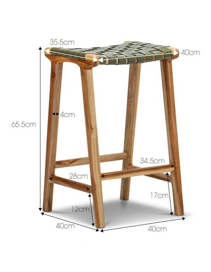 Lazie Leather Strapping Bar Stool 66cm In Teak & Olive Green image 7