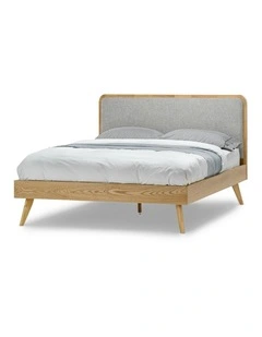 Stella Queen Bed In Light Grey Upholstery & Natural Oak