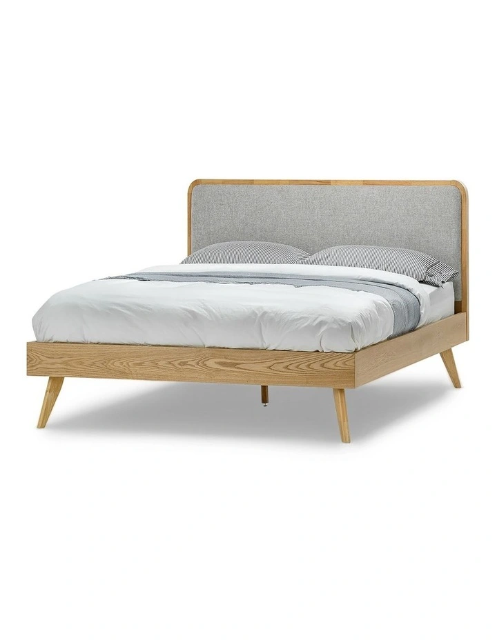 Stella Queen Bed In Light Grey Upholstery & Natural Oak image 1