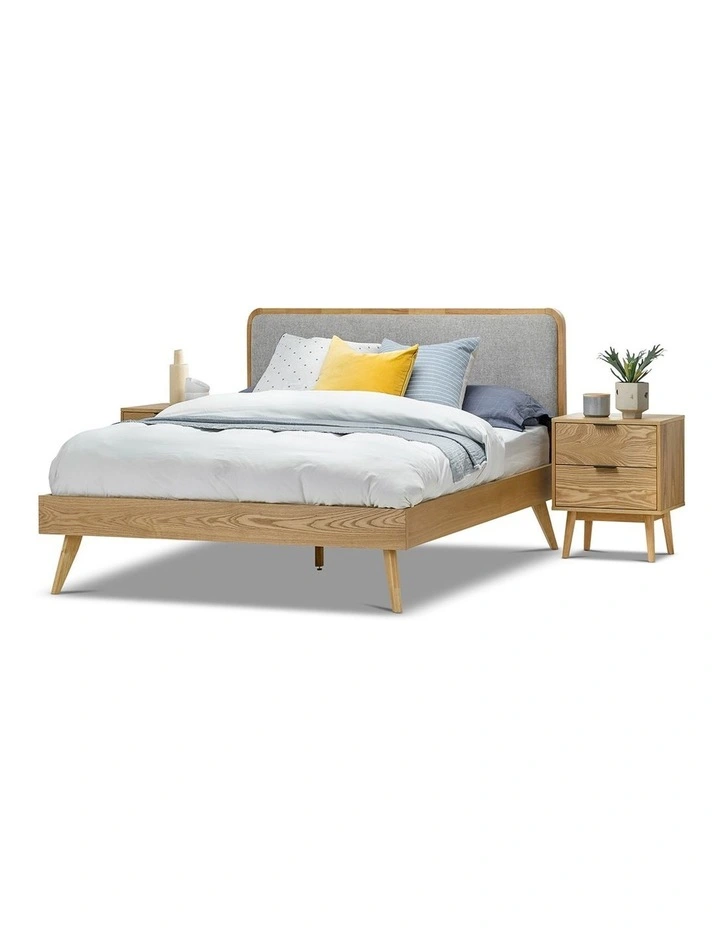 Stella Queen Bed In Light Grey Upholstery & Natural Oak image 2
