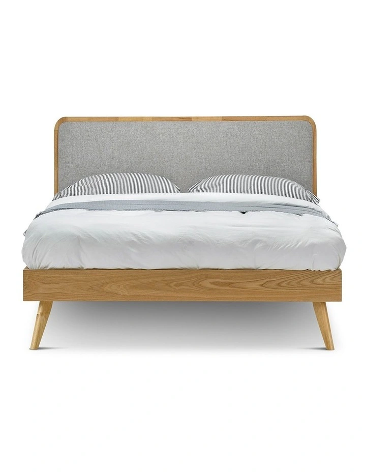 Stella Queen Bed In Light Grey Upholstery & Natural Oak image 3