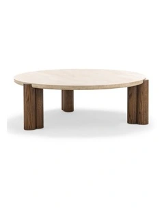 Amaya Round Travertine Coffee Table 110cm In Cream & Brown Oak