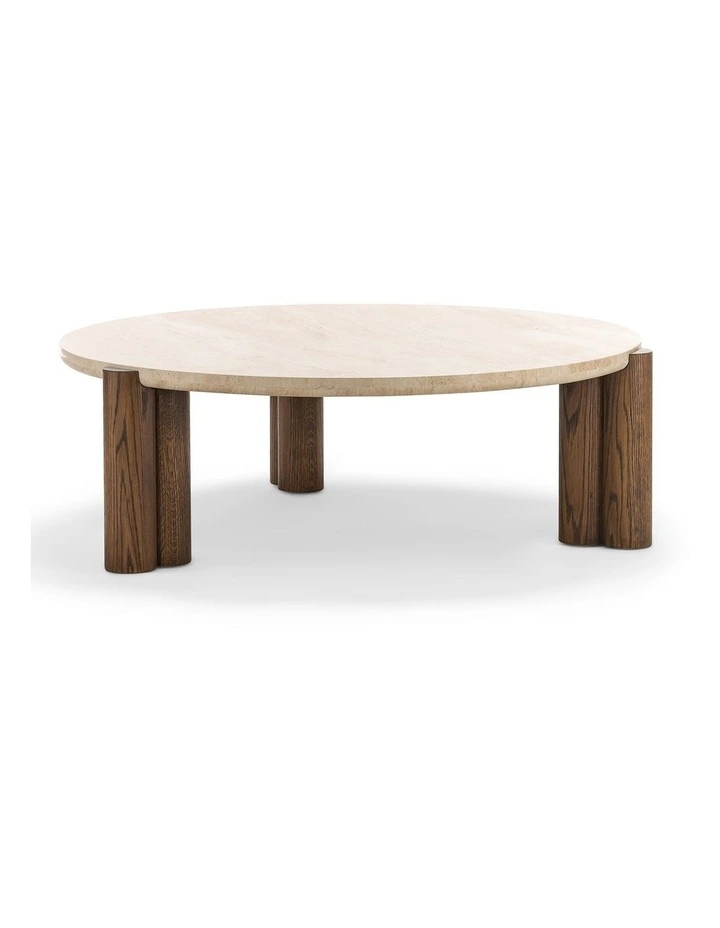 Amaya Round Travertine Coffee Table 110cm In Cream & Brown Oak image 1