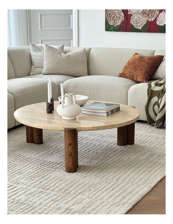 Amaya Round Travertine Coffee Table 110cm In Cream & Brown Oak image 2