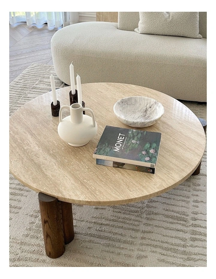 Amaya Round Travertine Coffee Table 110cm In Cream & Brown Oak image 3