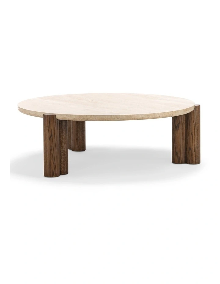 Amaya Round Travertine Coffee Table 110cm In Cream & Brown Oak image 4