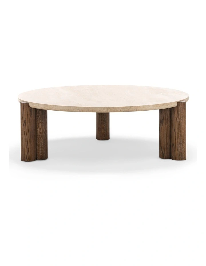Amaya Round Travertine Coffee Table 110cm In Cream & Brown Oak image 5