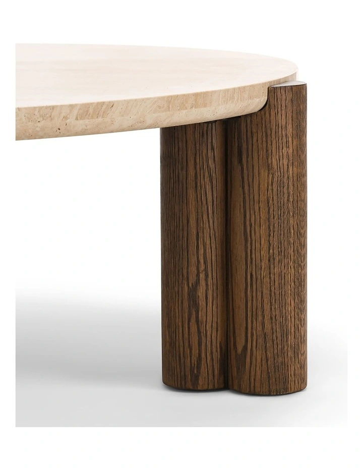 Amaya Round Travertine Coffee Table 110cm In Cream & Brown Oak image 6