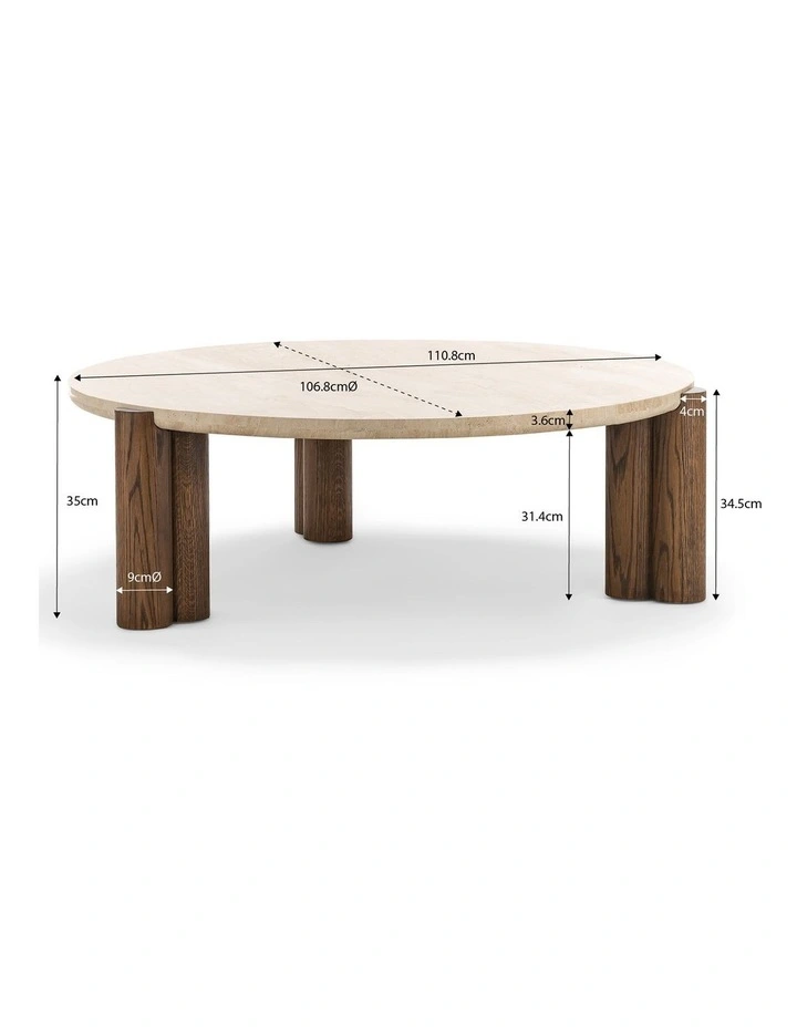 Amaya Round Travertine Coffee Table 110cm In Cream & Brown Oak image 7