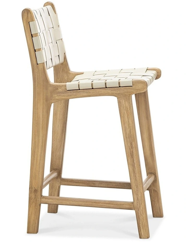 Lazie Woven Leather Counter Bar Stool in Ivory Cream image 3