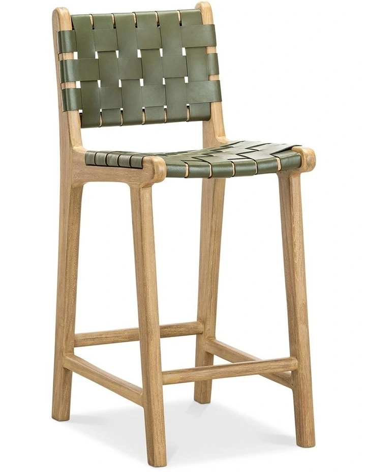 Lazie Woven Leather Counter Barstool in Olive Green image 1