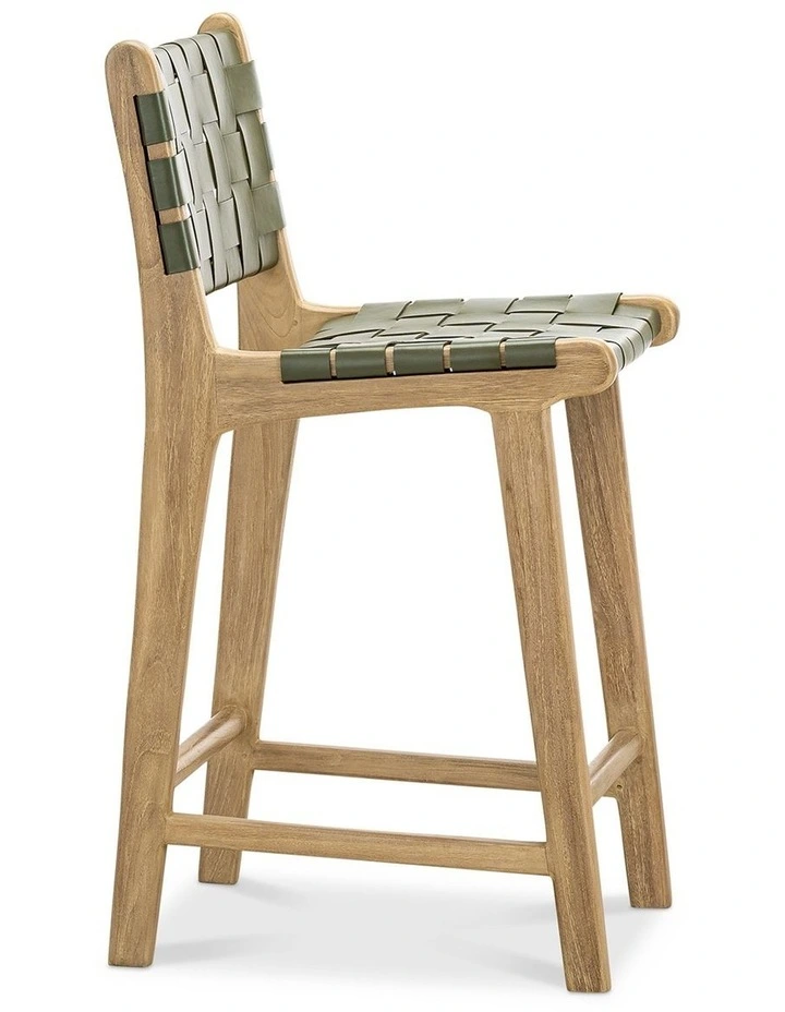 Lazie Woven Leather Counter Barstool in Olive Green image 3