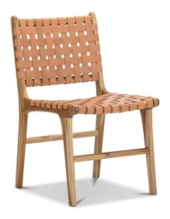 Lazie Leather Strapping Dining Chair Set Of 2 In Teak & Natural Tan