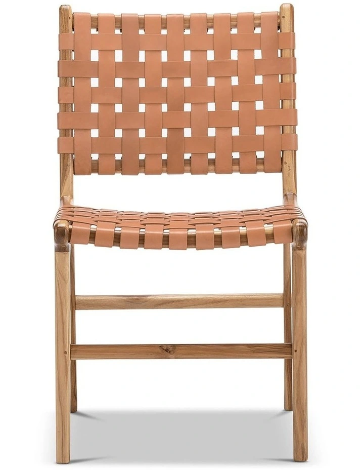 Lazie Leather Strapping Dining Chair Set Of 2 In Teak & Natural Tan image 2