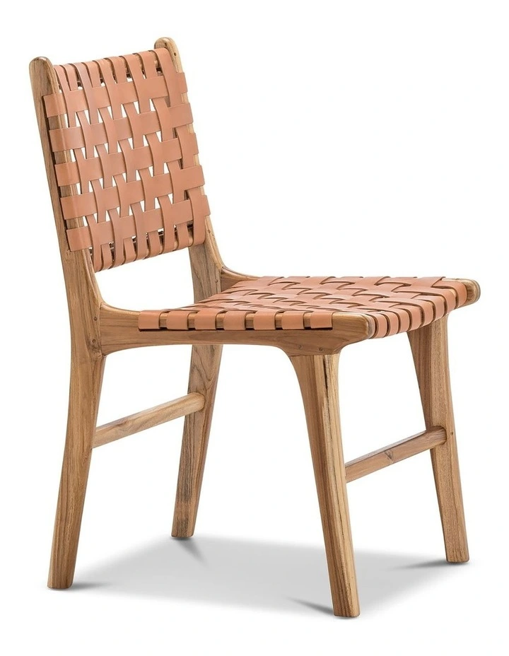 Lazie Leather Strapping Dining Chair Set Of 2 In Teak & Natural Tan image 3